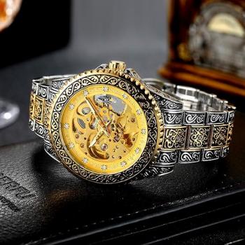 FORSINING Mechanische Herrenuhr, wasserdicht, graviert, Skelett-Automatikwerk, Edelstahl, Armband